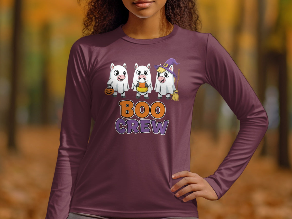Three cartoon horses in ghost costumes with "Boo Crew" text on a maroon long-sleeve shirt.
