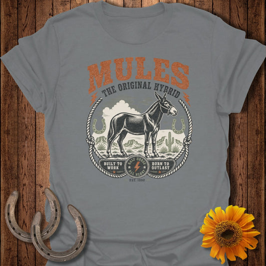 Grey t-shirt featuring a mule illustration and "Mules The Original Hybrid" text.