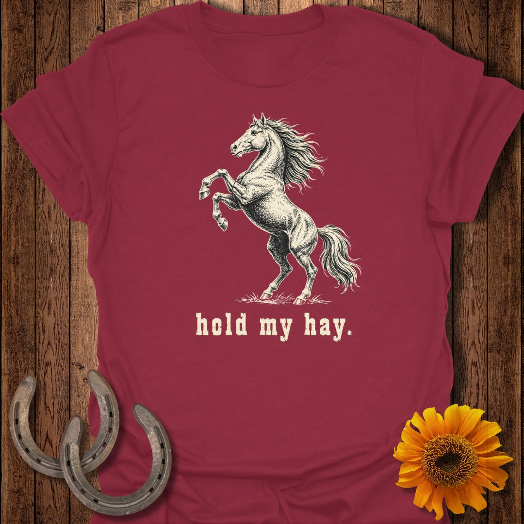Maroon t-shirt with a prancing horse graphic and the text "hold my hay."