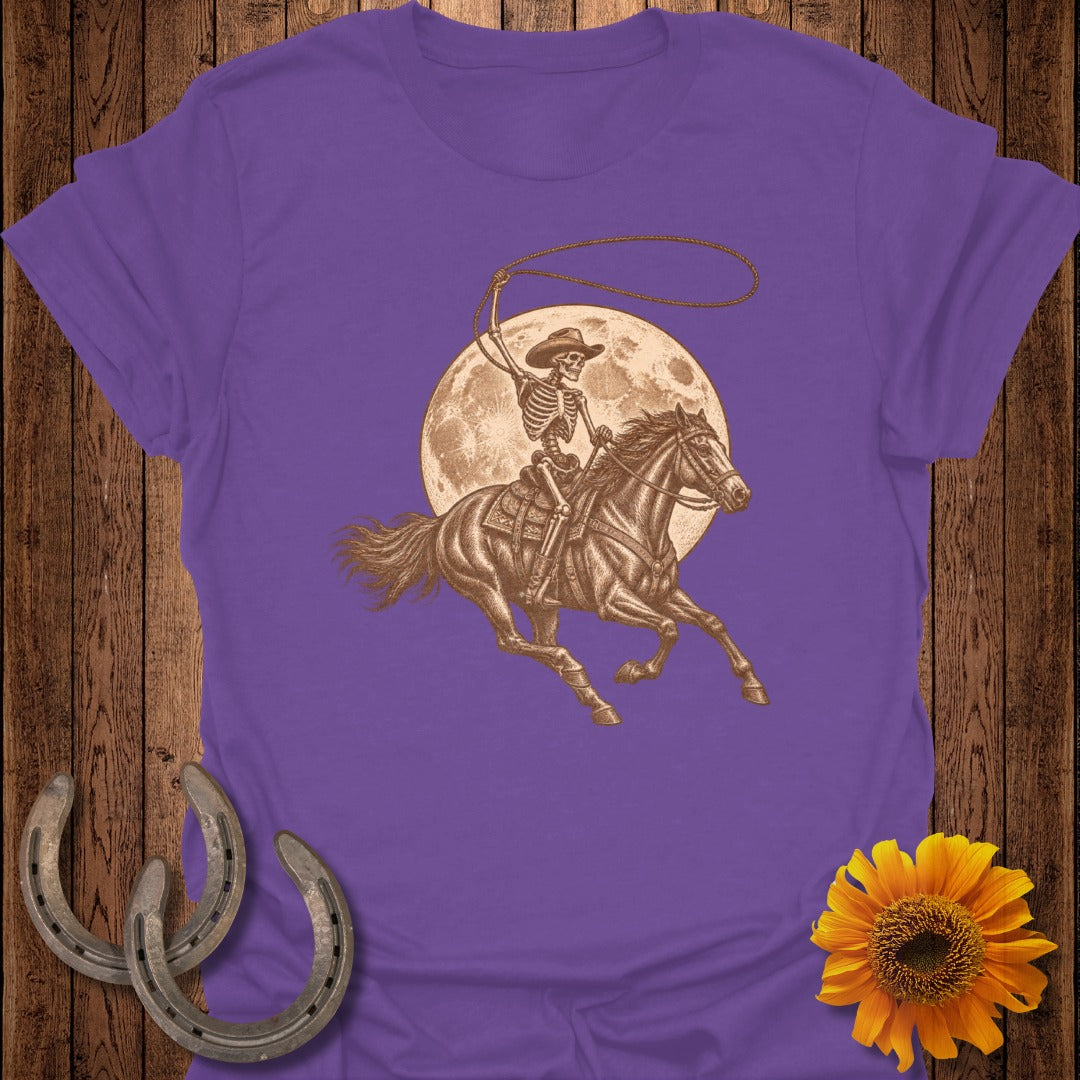 Skeleton cowboy riding a horse with a lasso in front of a full moon.