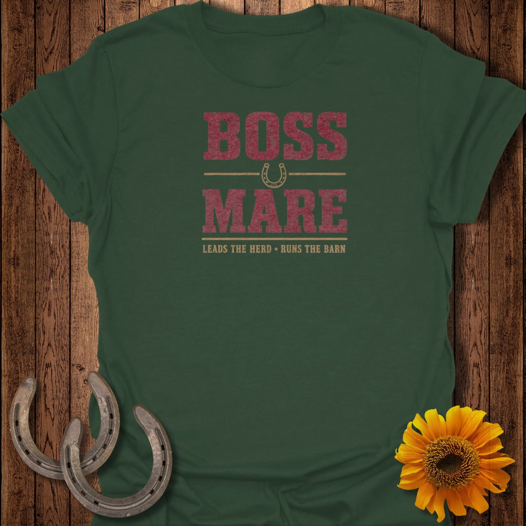 Green t-shirt with "Boss Mare" text, horseshoe graphic, and subtitle.