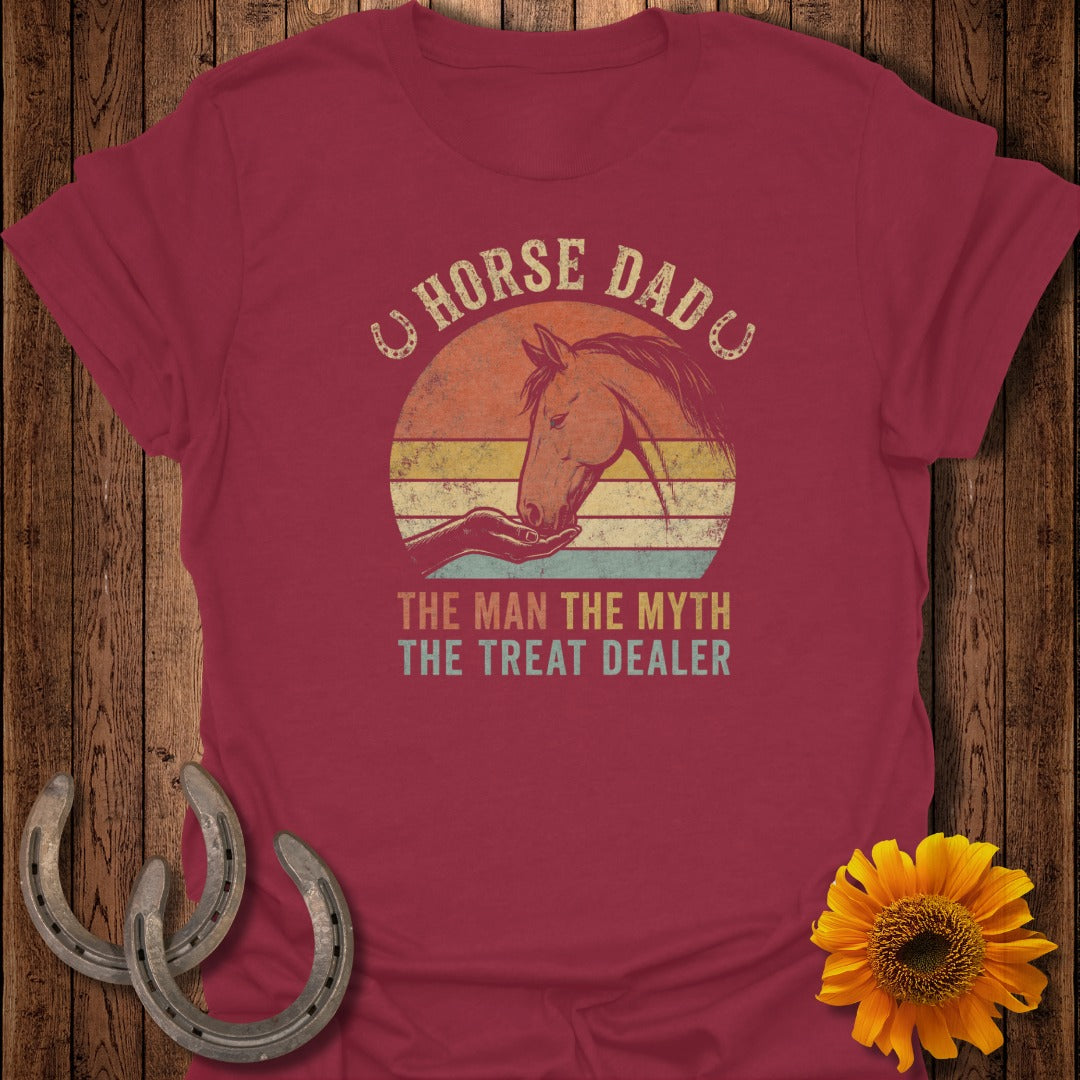 Maroon t-shirt with distressed graphic "Horse Dad, The Man, The Myth, The Treat Dealer"