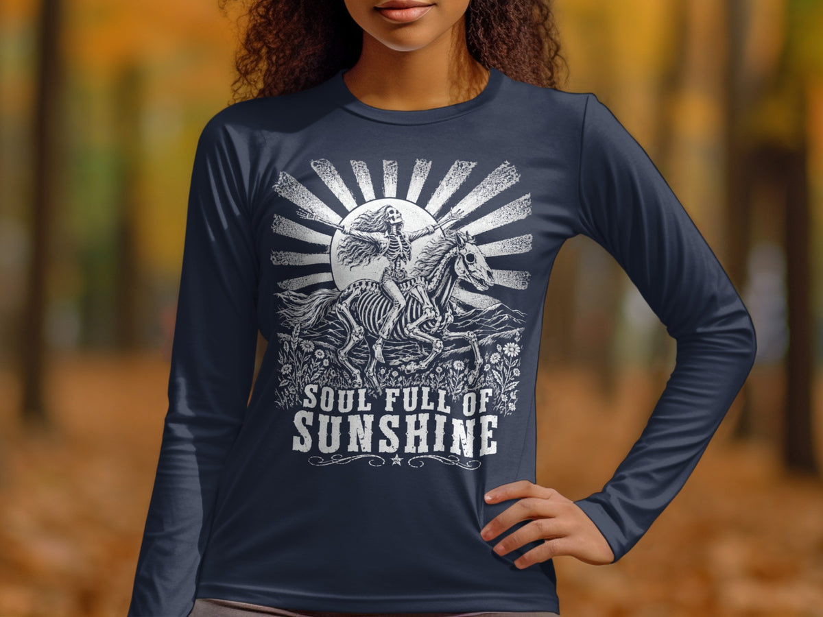 Navy long-sleeve shirt with skeleton rider on horse and "Soul Full of Sunshine" text.