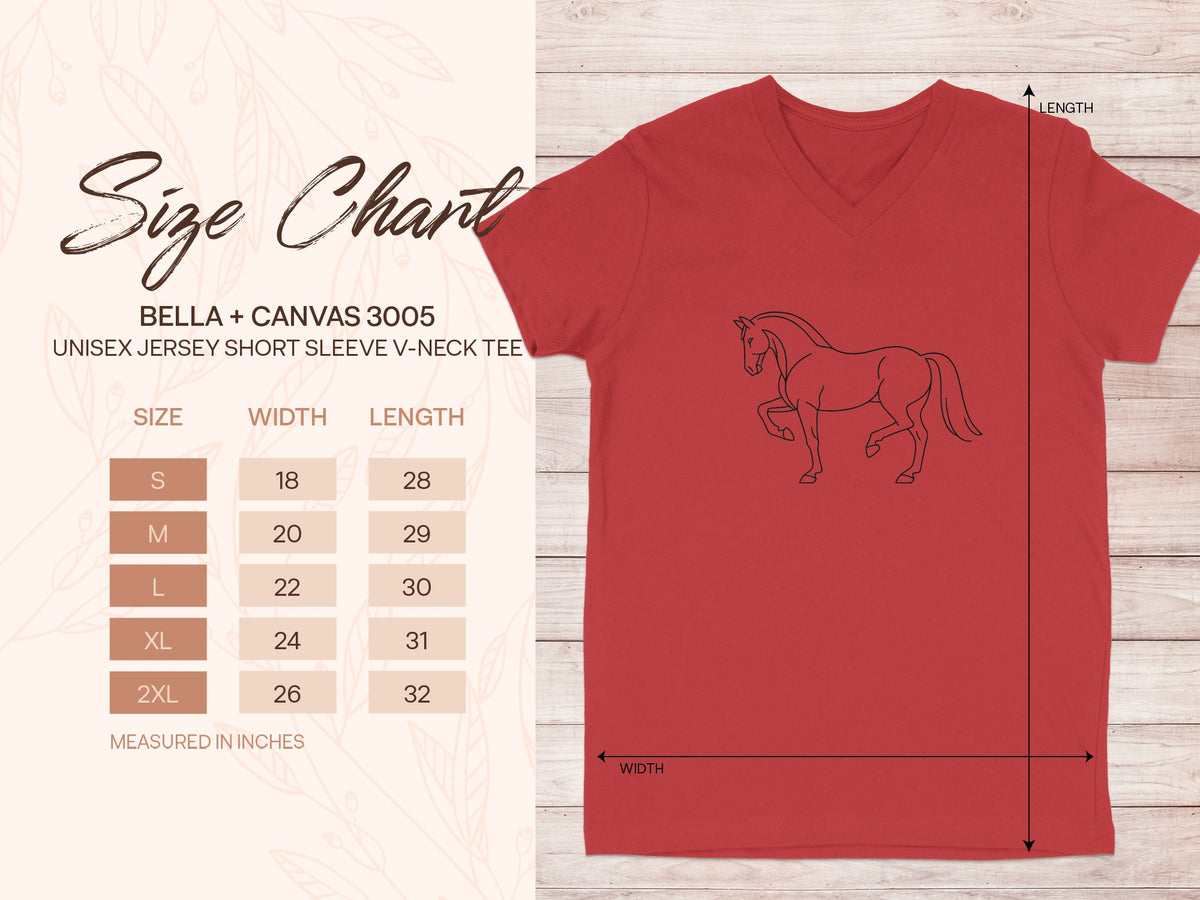 Bella + Canvas 3005 unisex v-neck size chart with horse graphic.