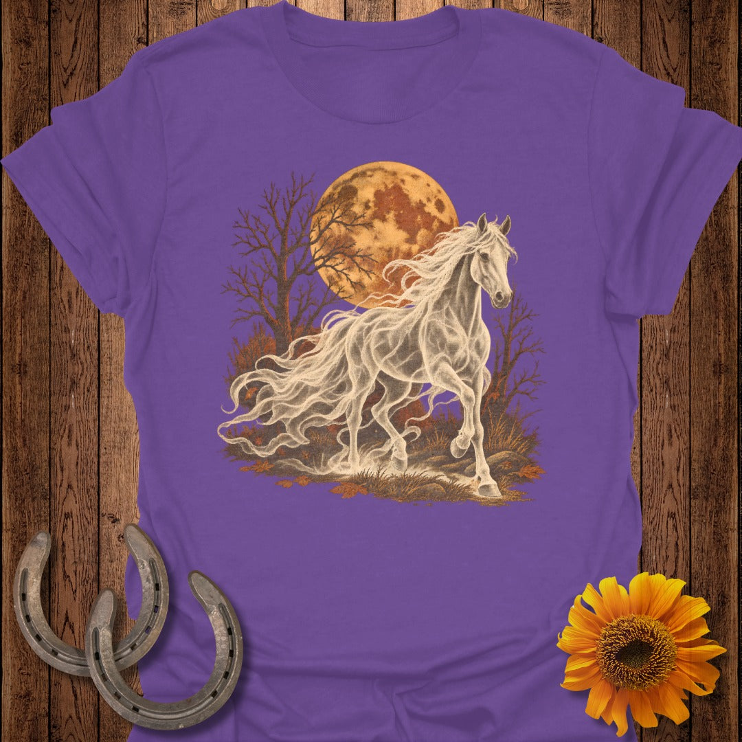 Ghostly white horse running in front of an orange moon and bare trees.