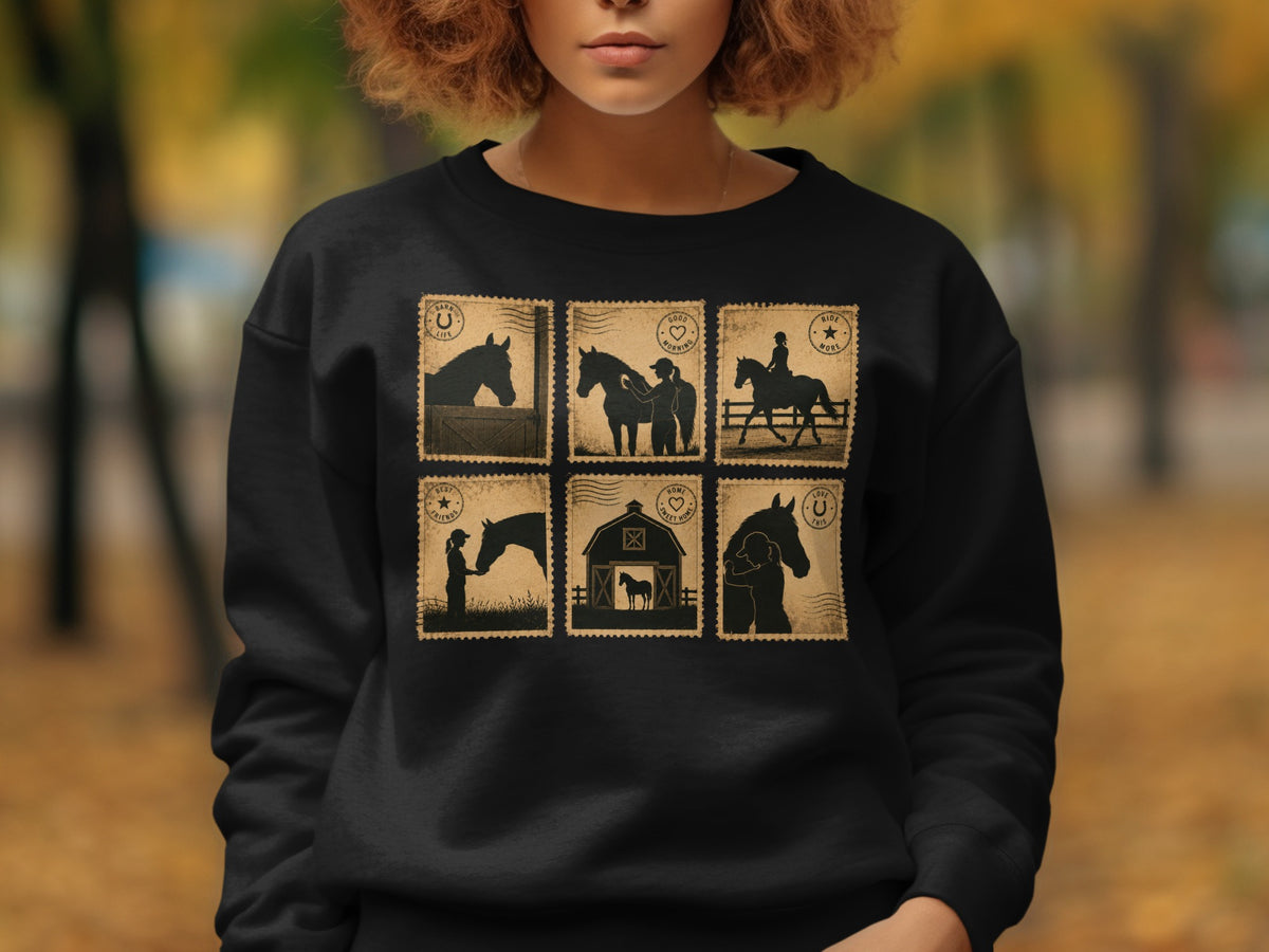 Black sweatshirt with six postage stamp-style horse graphics.