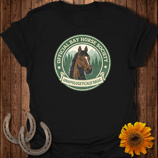 Black t-shirt with Official Bay Horse Society logo featuring a horse's head.