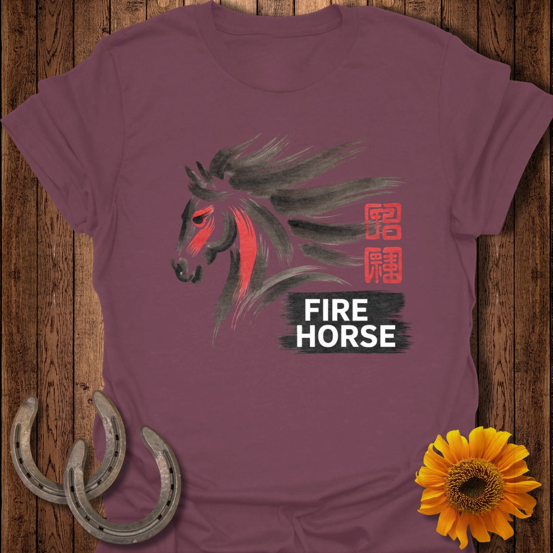 Maroon t-shirt with black and red abstract horse and text.