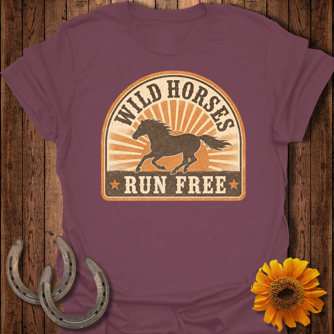T-shirt with "Wild Horses Run Free" graphic and running horse silhouette.