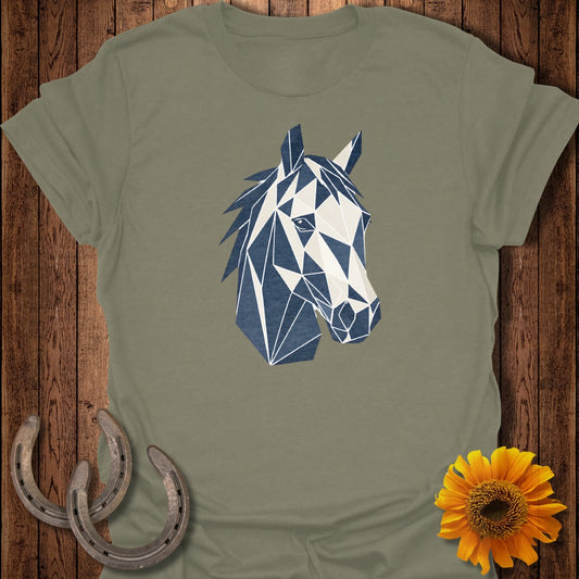 Olive green t-shirt with abstract geometric horse head design.