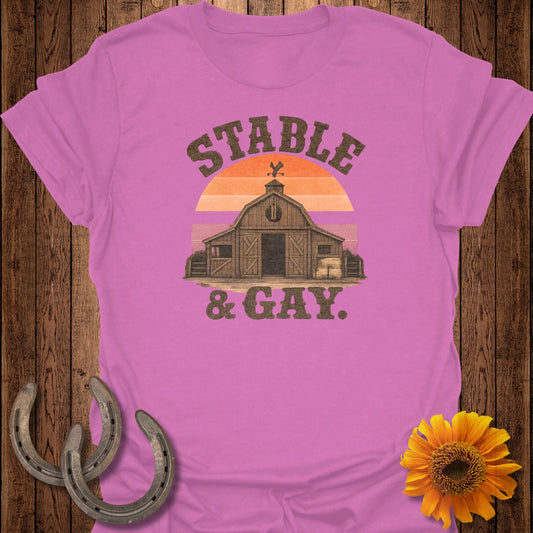 Pink t-shirt with "Stable & Gay" text, barn, and sunset graphic.