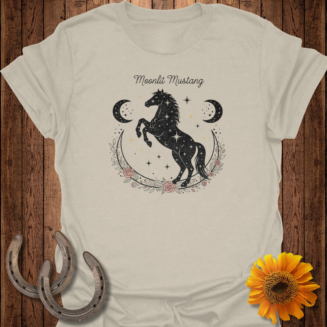 T-shirt with "Moonlit Mustang" text and a starry horse design.