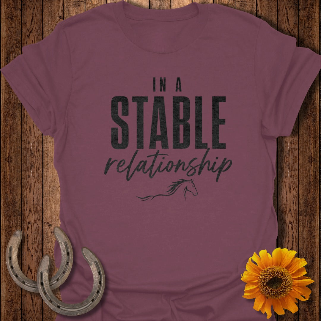Burgundy t-shirt with "IN A STABLE relationship" and a horse silhouette.