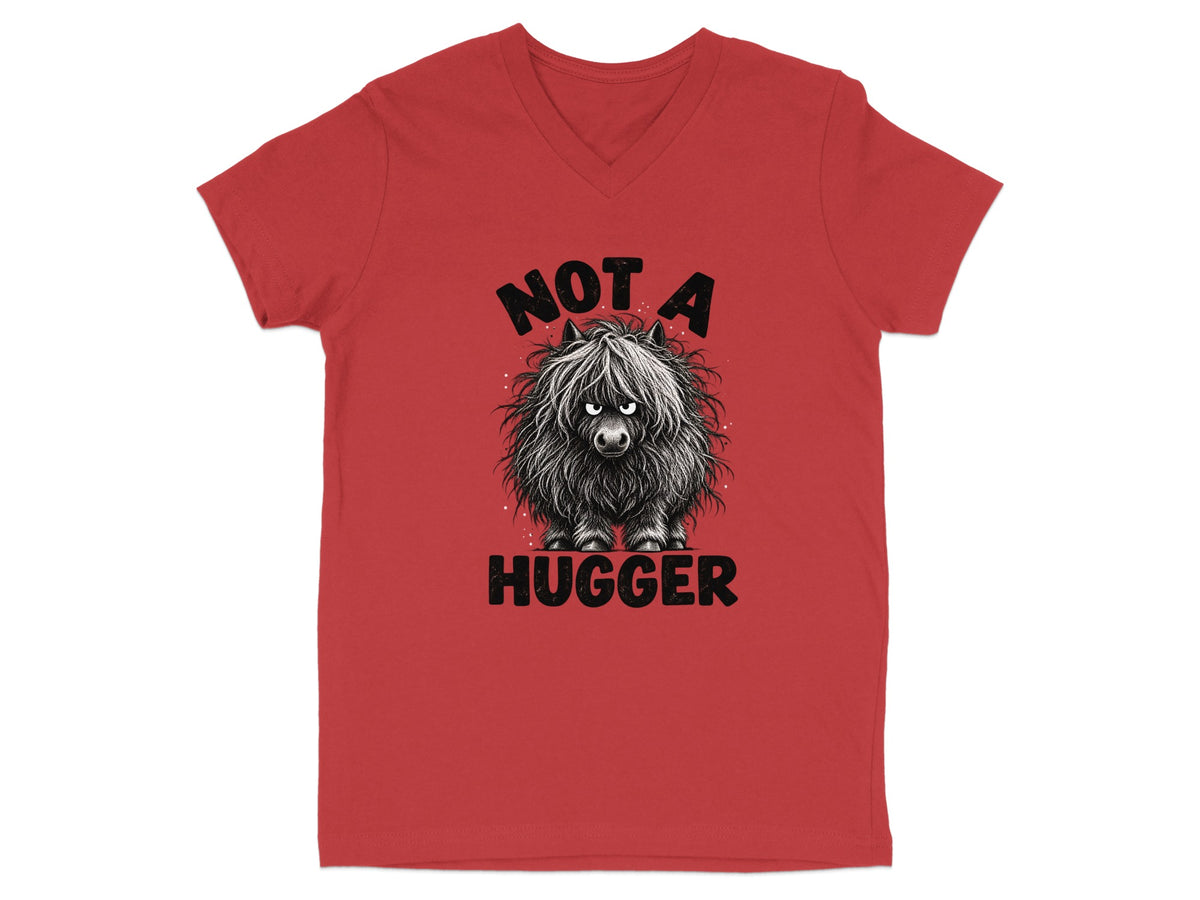 Red v-neck t-shirt with a drawing of a shaggy highland cow and text "NOT A HUGGER".