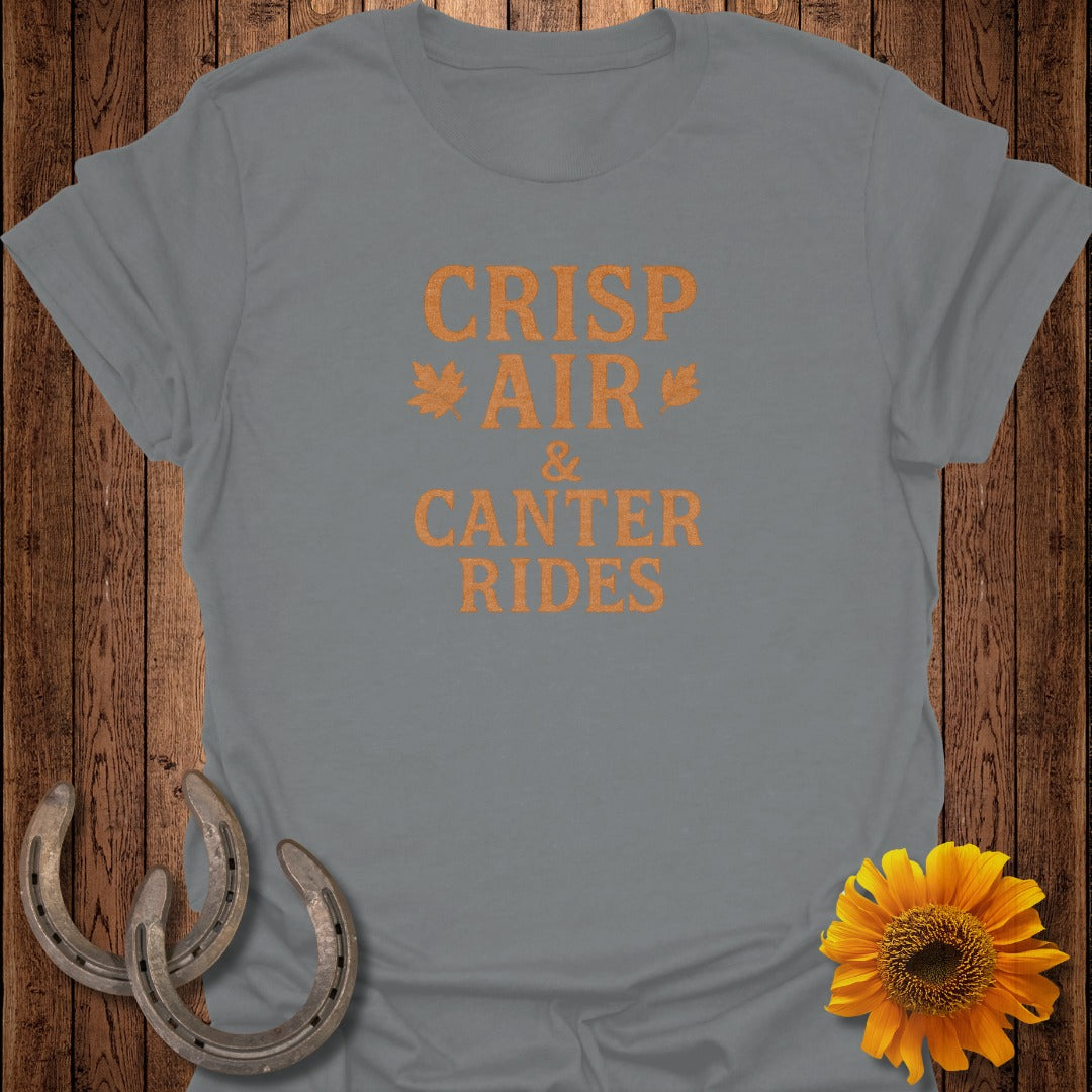 Gray t-shirt with orange text "CRISP AIR & CANTER RIDES" and autumn-themed graphics.