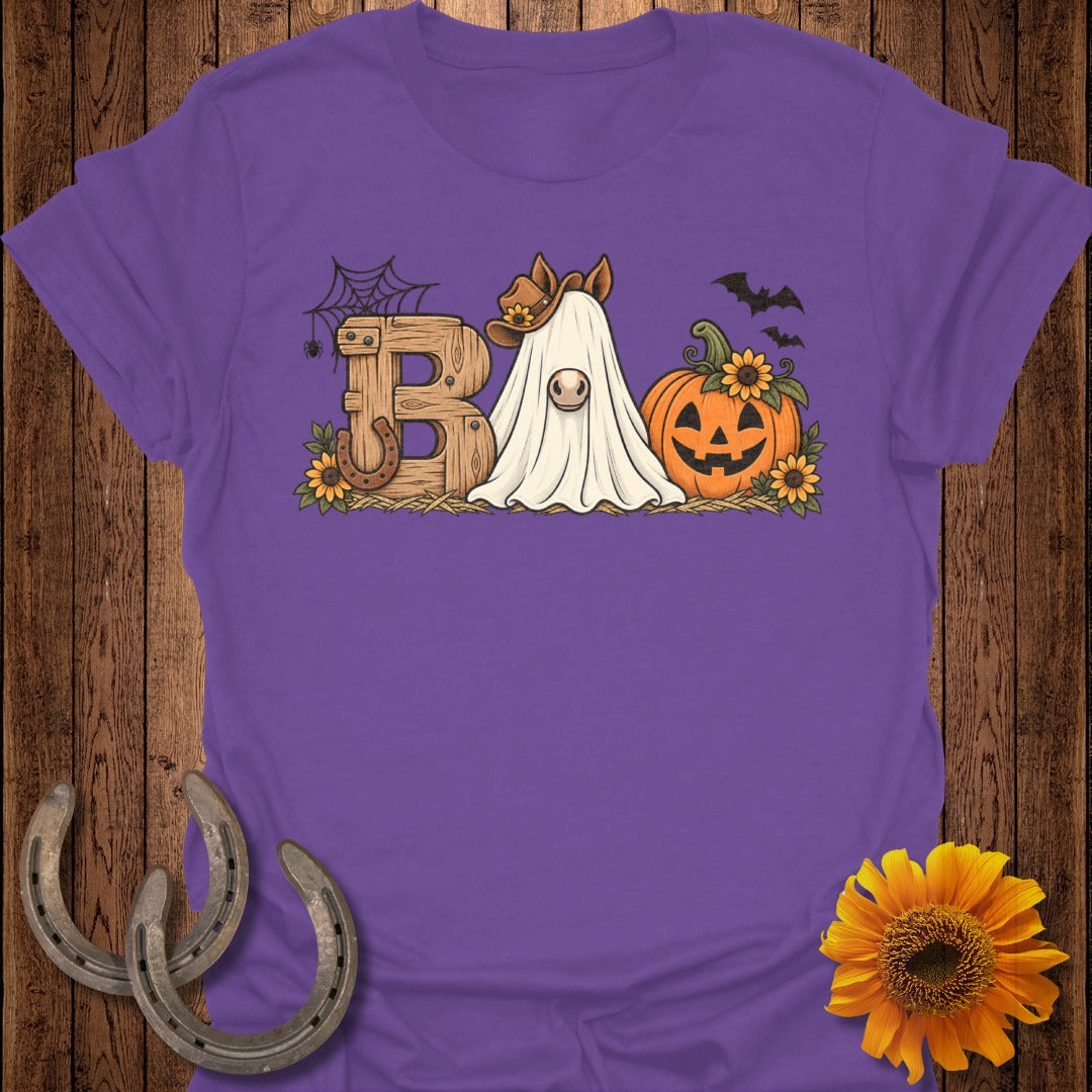 Purple t-shirt with "BOO" text art, a ghost horse, and a pumpkin.