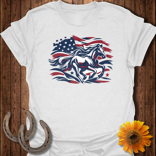 White t-shirt with running horse and American flag graphic.