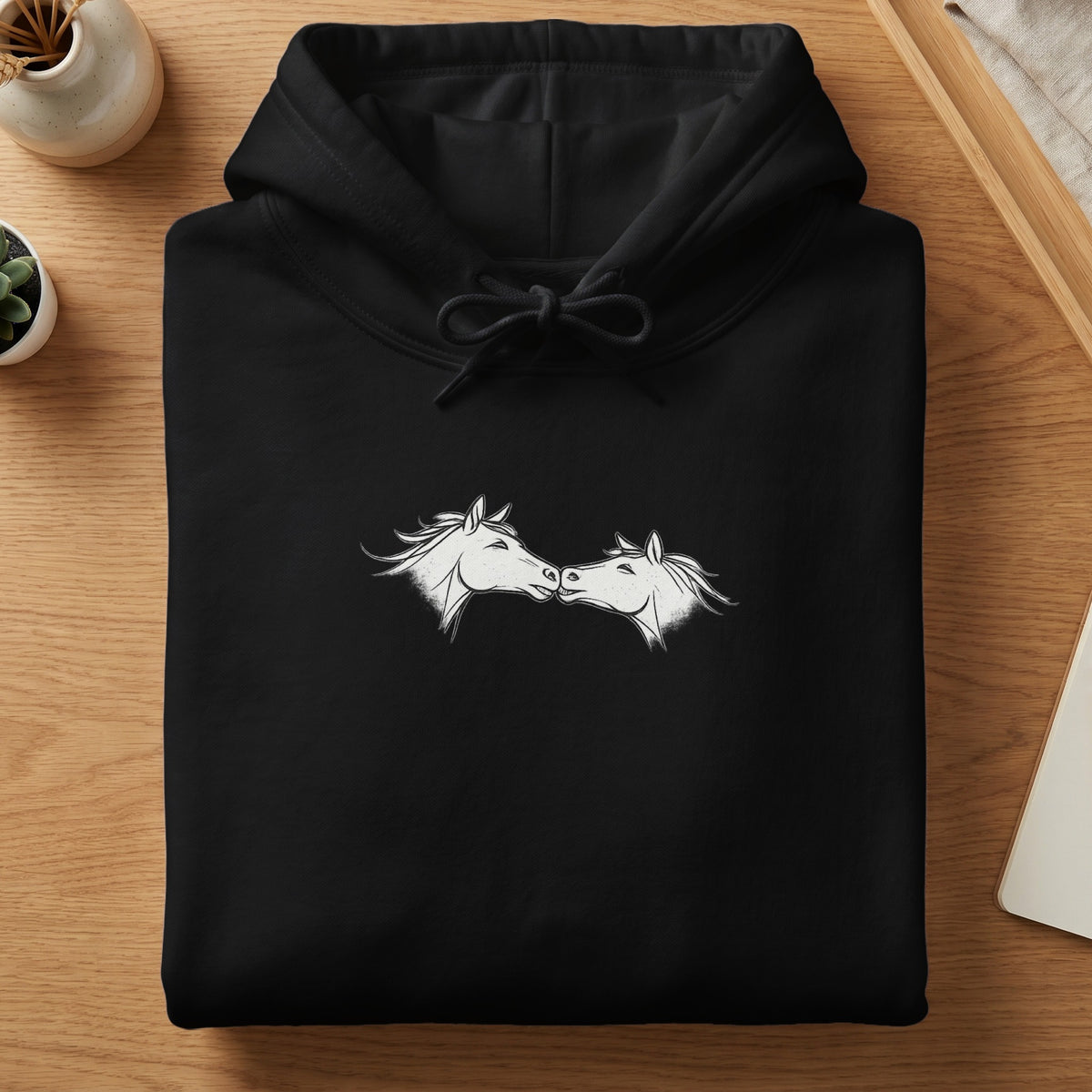 Black hoodie with a white outline sketch of two horses nuzzling.