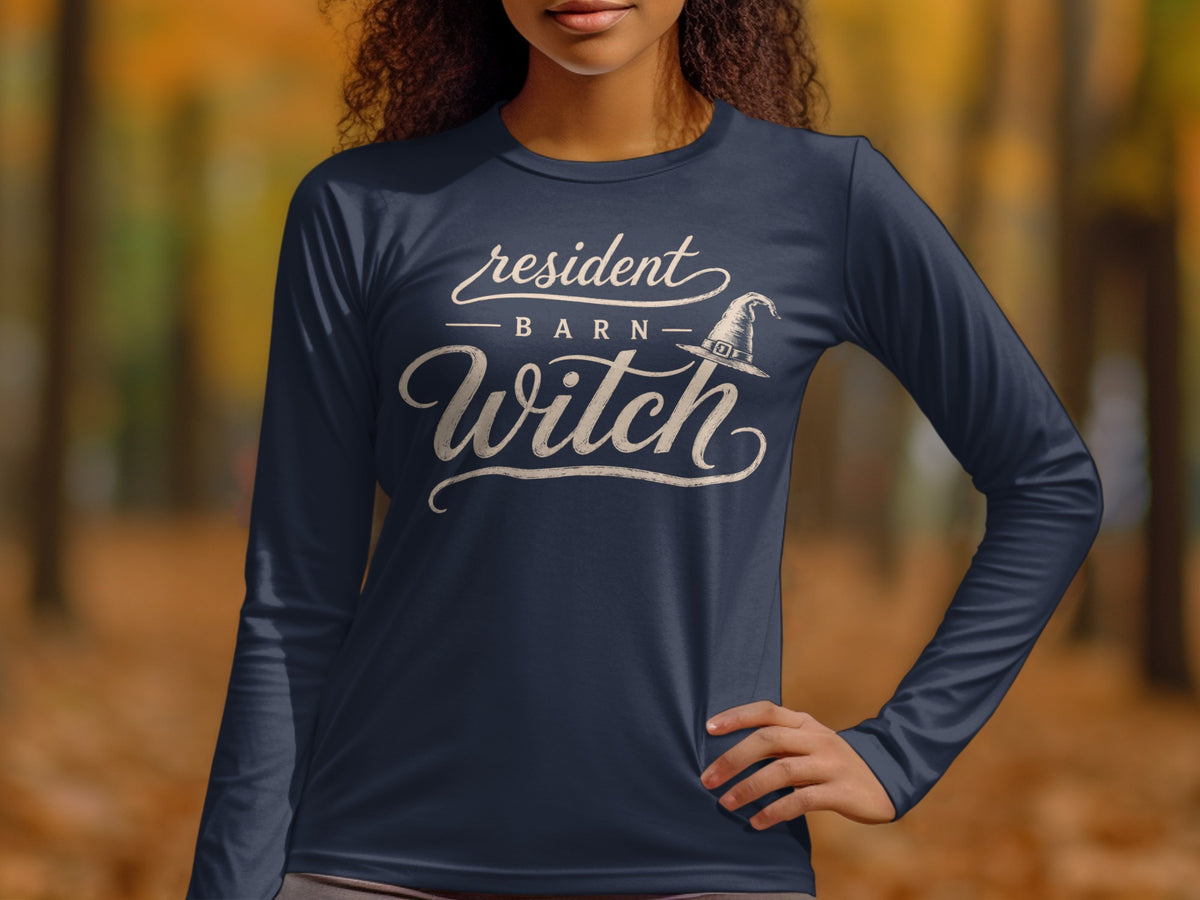 Dark blue long-sleeve shirt with "resident BARN Witch" text and a witch hat graphic.