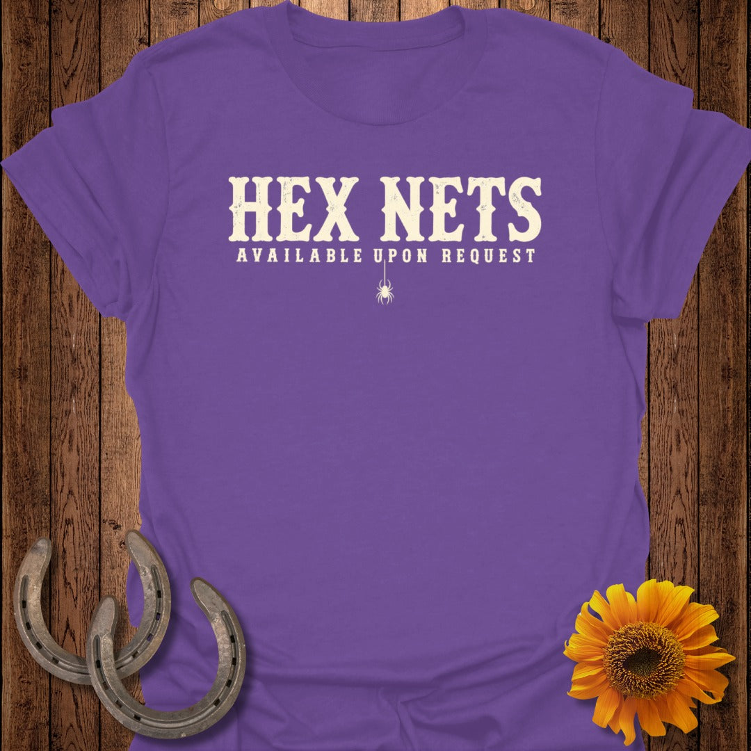 Purple t-shirt with "HEX NETS AVAILABLE UPON REQUEST" text and a spider graphic.