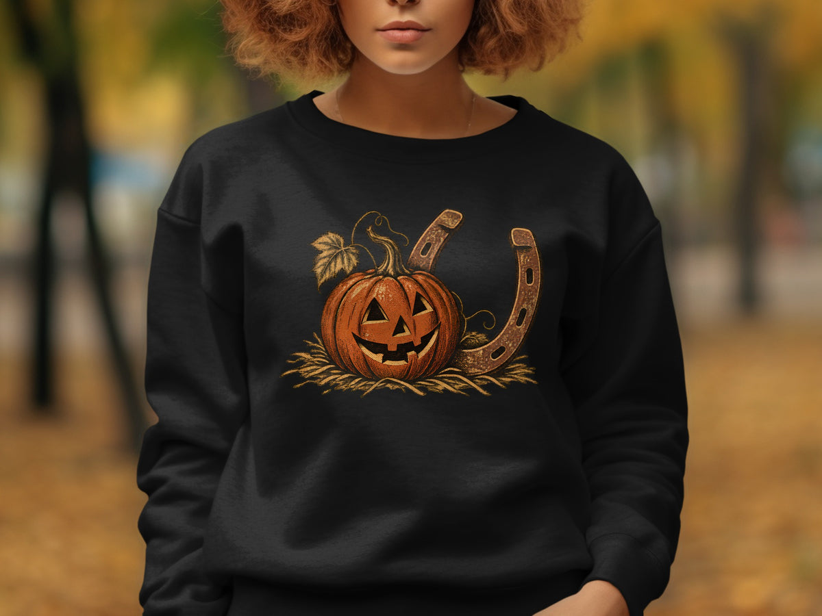 Black sweatshirt with a grinning jack-o'-lantern and horseshoe design.