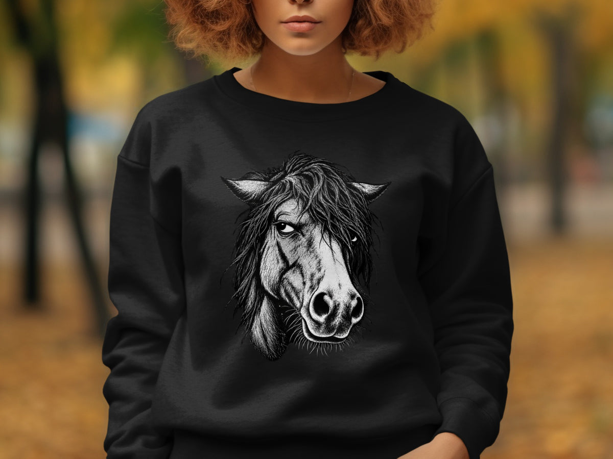 Black sweatshirt with a detailed black and white horse head illustration across the chest.
