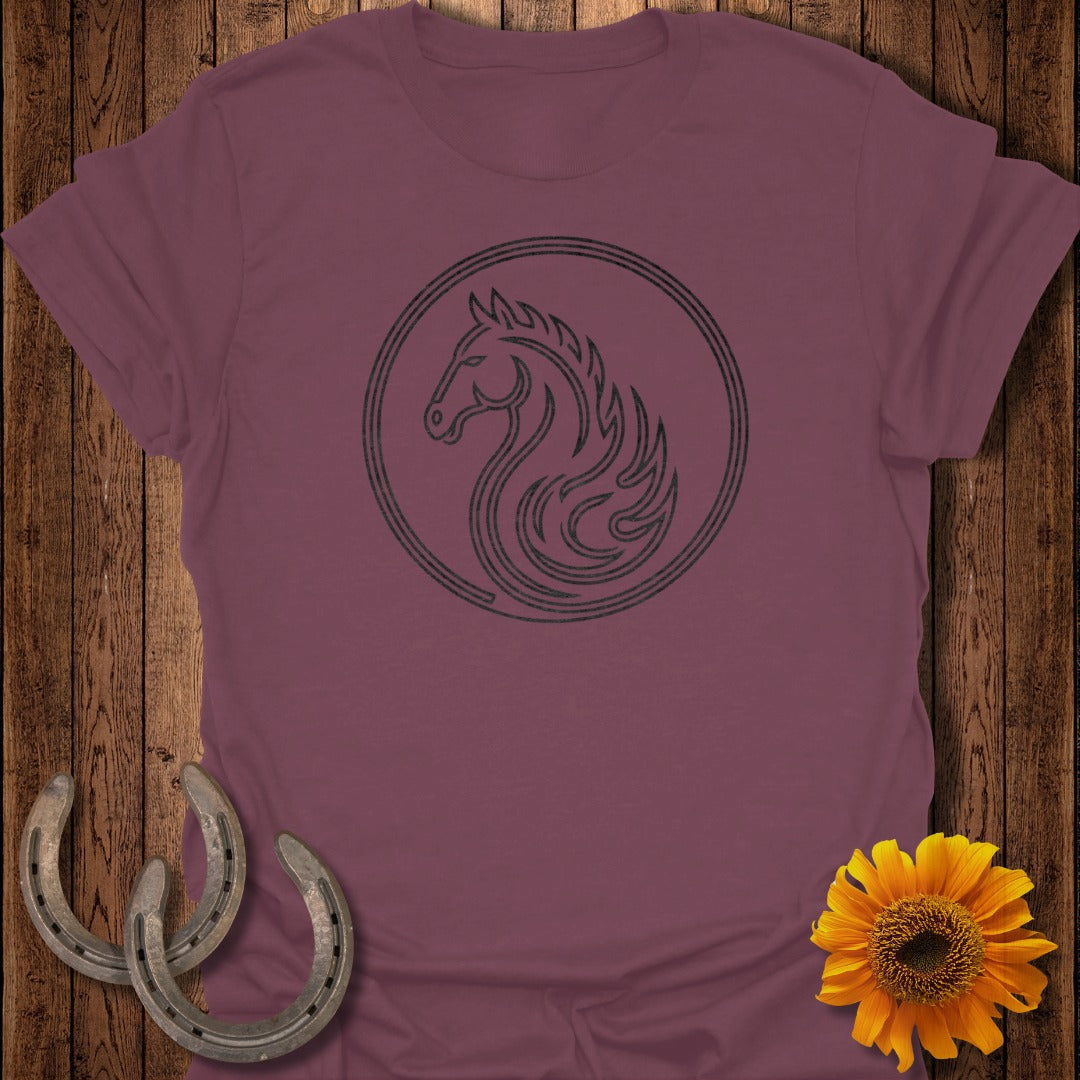 Maroon t-shirt with a black circular horse and flame graphic.