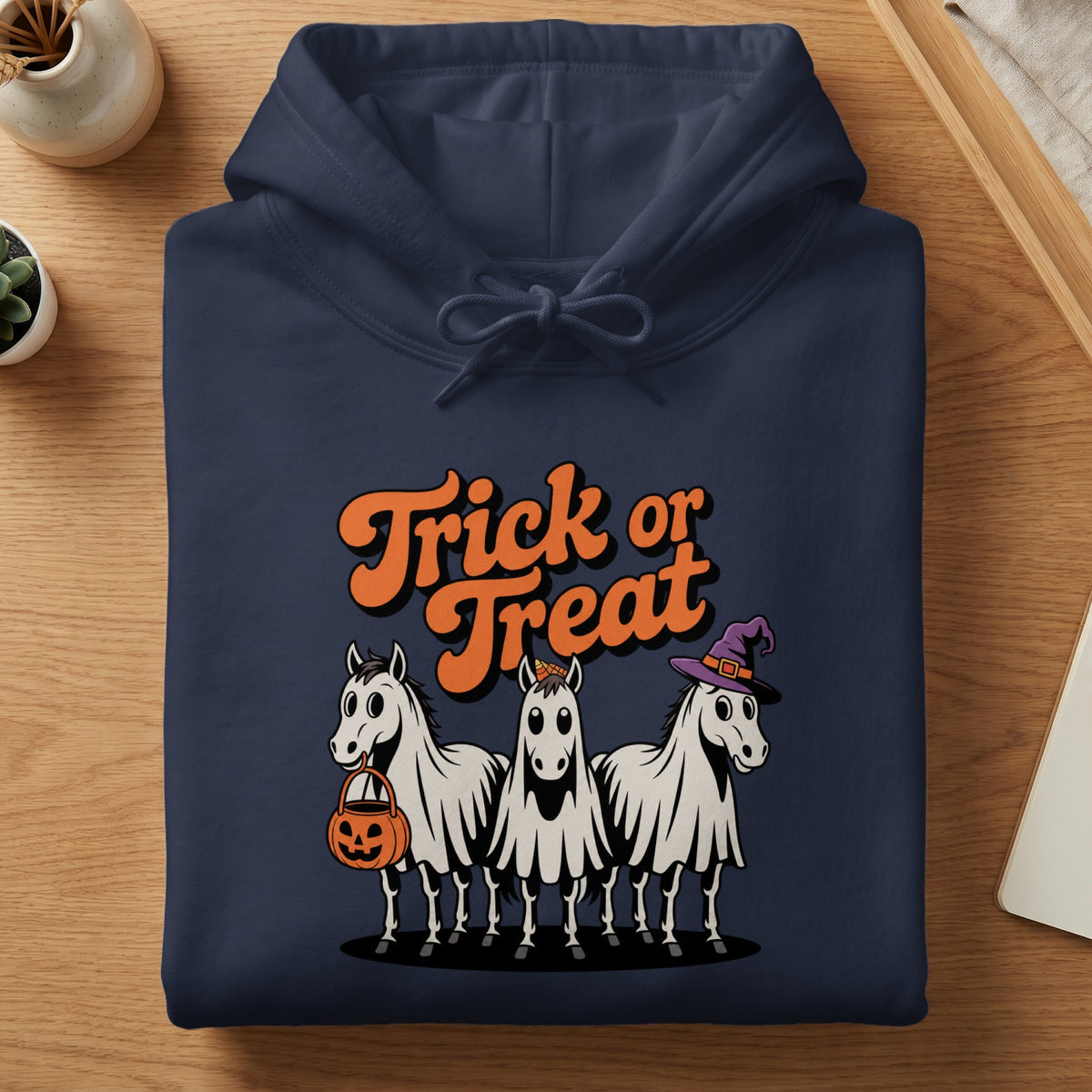 Navy hoodie with "Trick or Treat" text and three horses dressed as ghosts for Halloween.