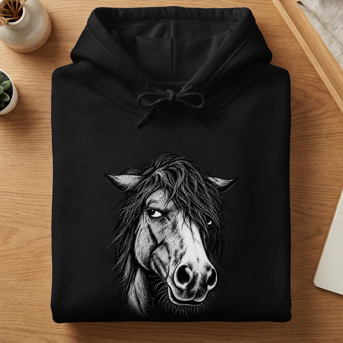 A folded black hoodie featuring a detailed white sketch of a horse head on the chest.