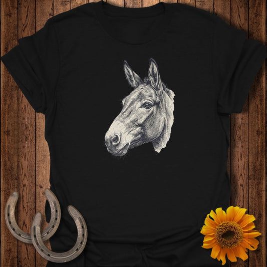 Pencil sketch of a horse's head on a black t-shirt.