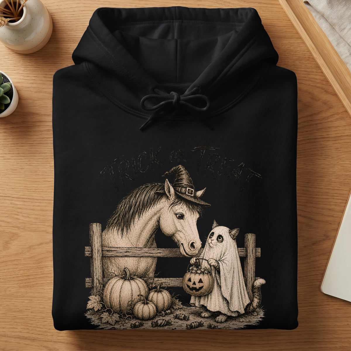 Black hoodie with a vintage Halloween illustration of a horse and a cat in a ghost costume.