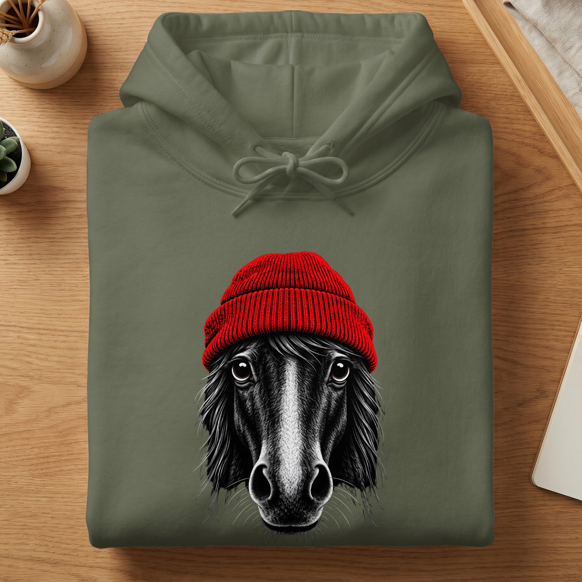 Folded olive green hoodie featuring a graphic print of a horse wearing a red beanie.