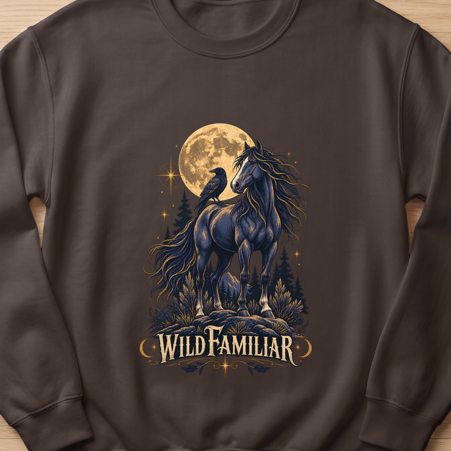 Dark horse with crow on its back, full moon, trees, and text "WILD FAMILIAR".