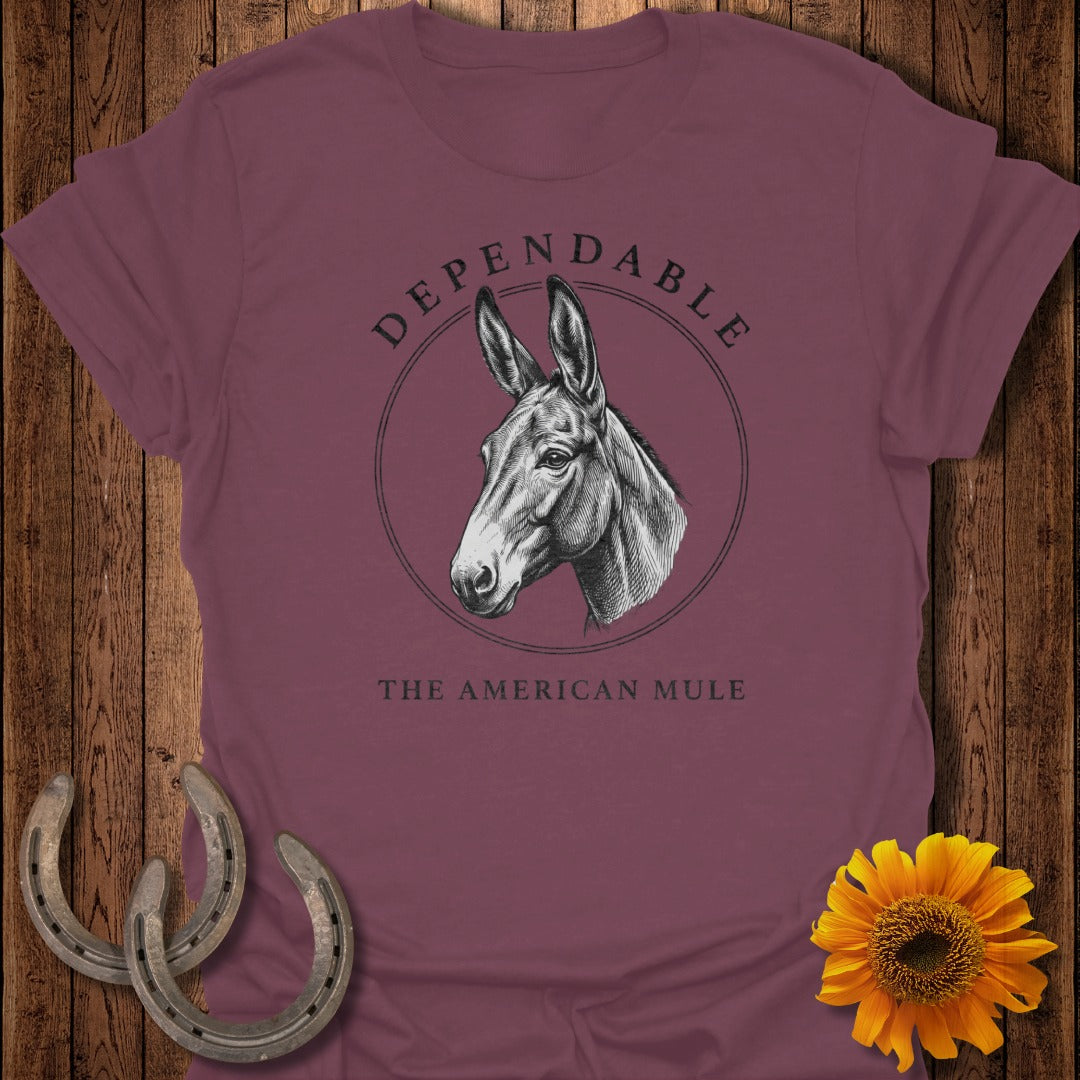 Maroon t-shirt with a distressed print of a mule's head and "Dependable The American Mule."