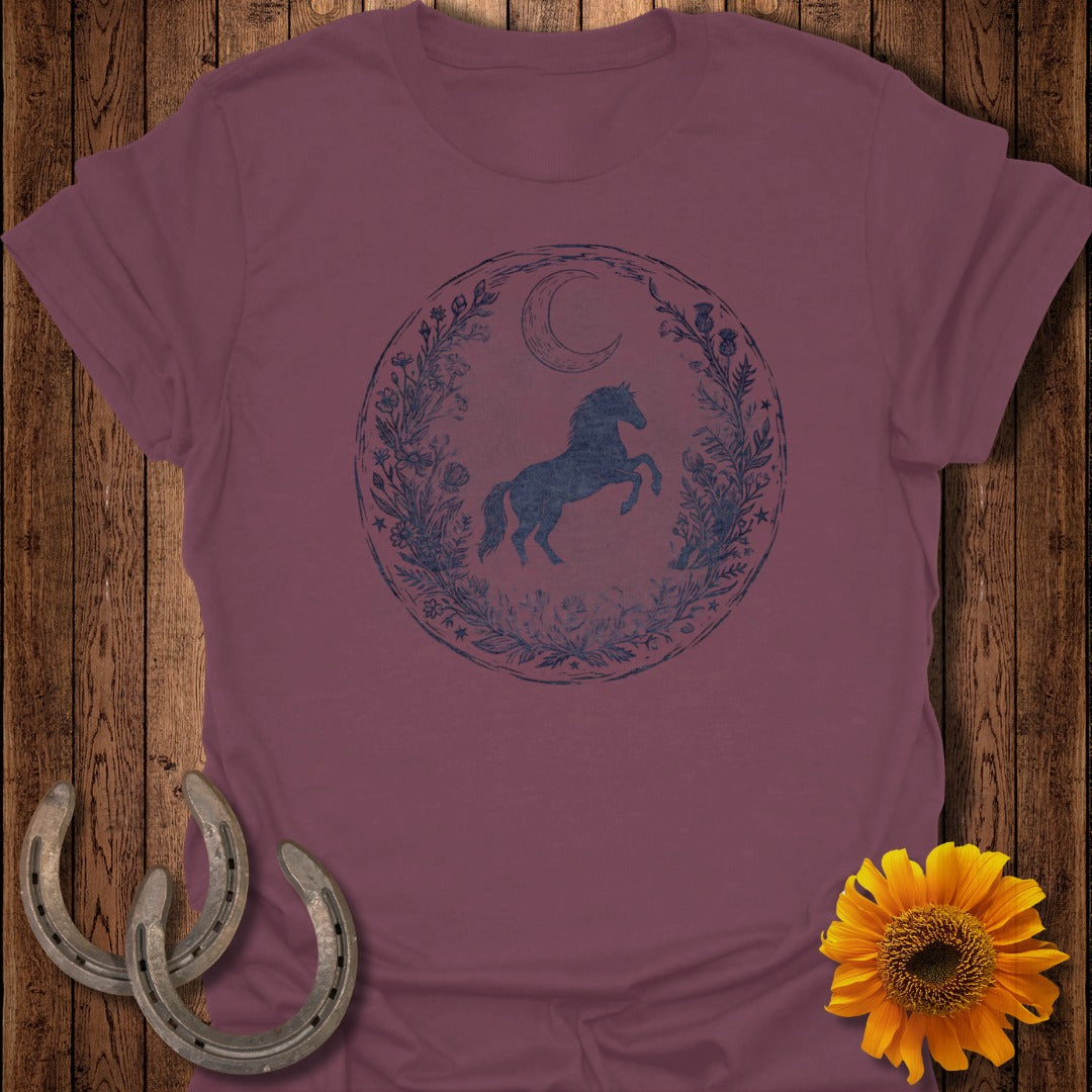 Merlot t-shirt with circular moon and horse floral design.