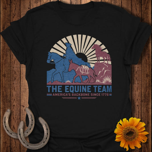 Black t-shirt with "The Equine Team: America's Backbone Since 1776" and animal silhouettes.