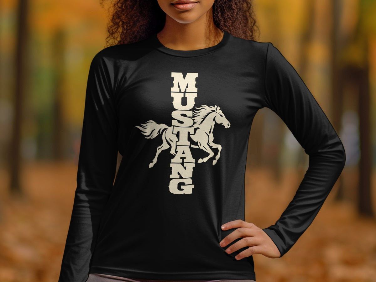 A person wearing a black long-sleeve shirt with a white graphic of a galloping horse and vertical text spelling Mustang.