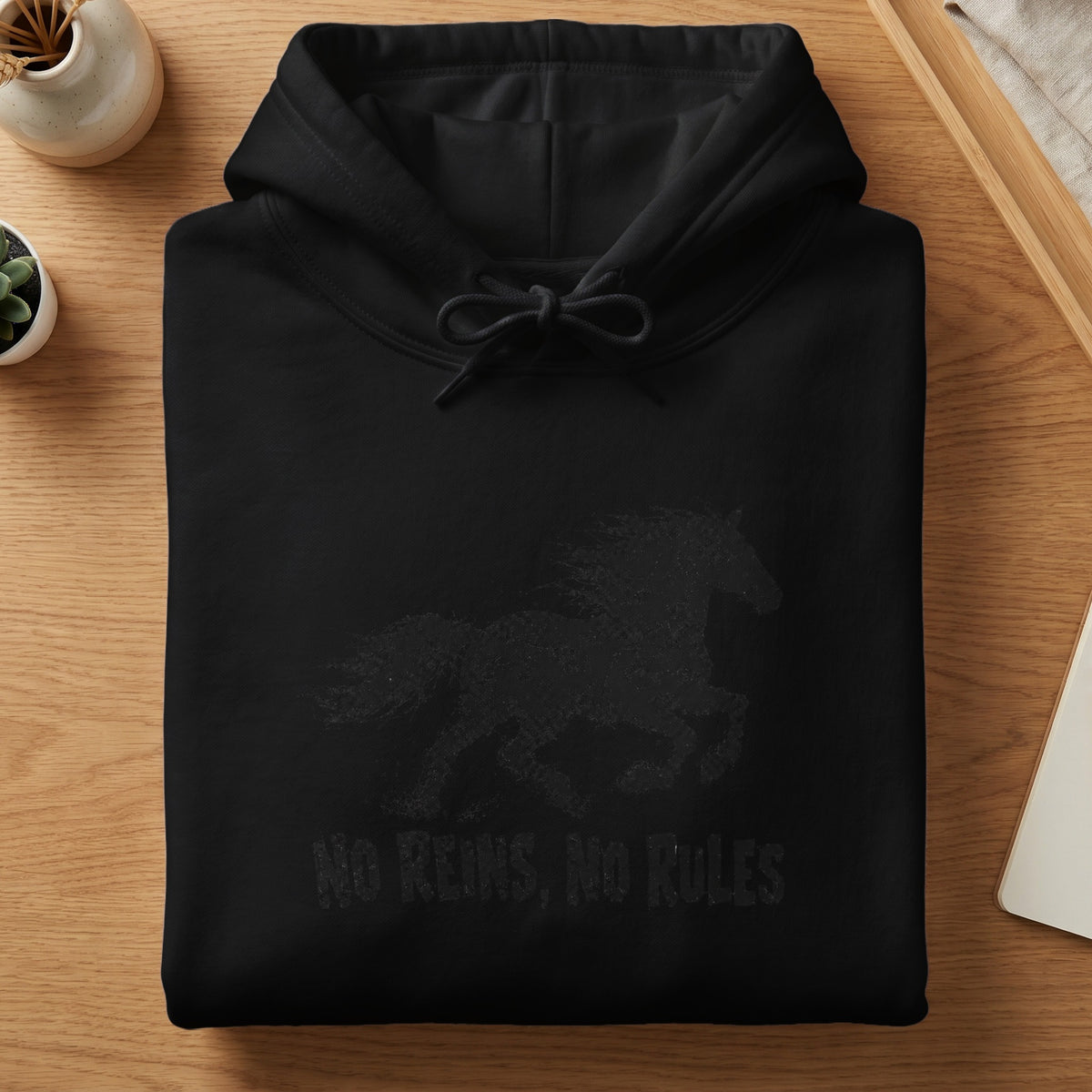 Black hoodie with a distressed horse graphic and text "No Reins, No Rules".