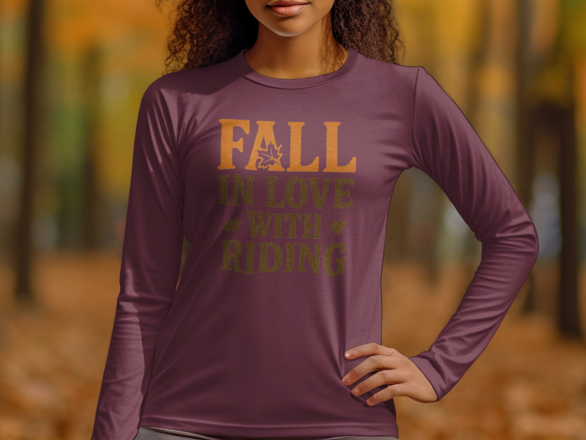 Burgundy long-sleeve shirt with "Fall In Love With Riding" text.