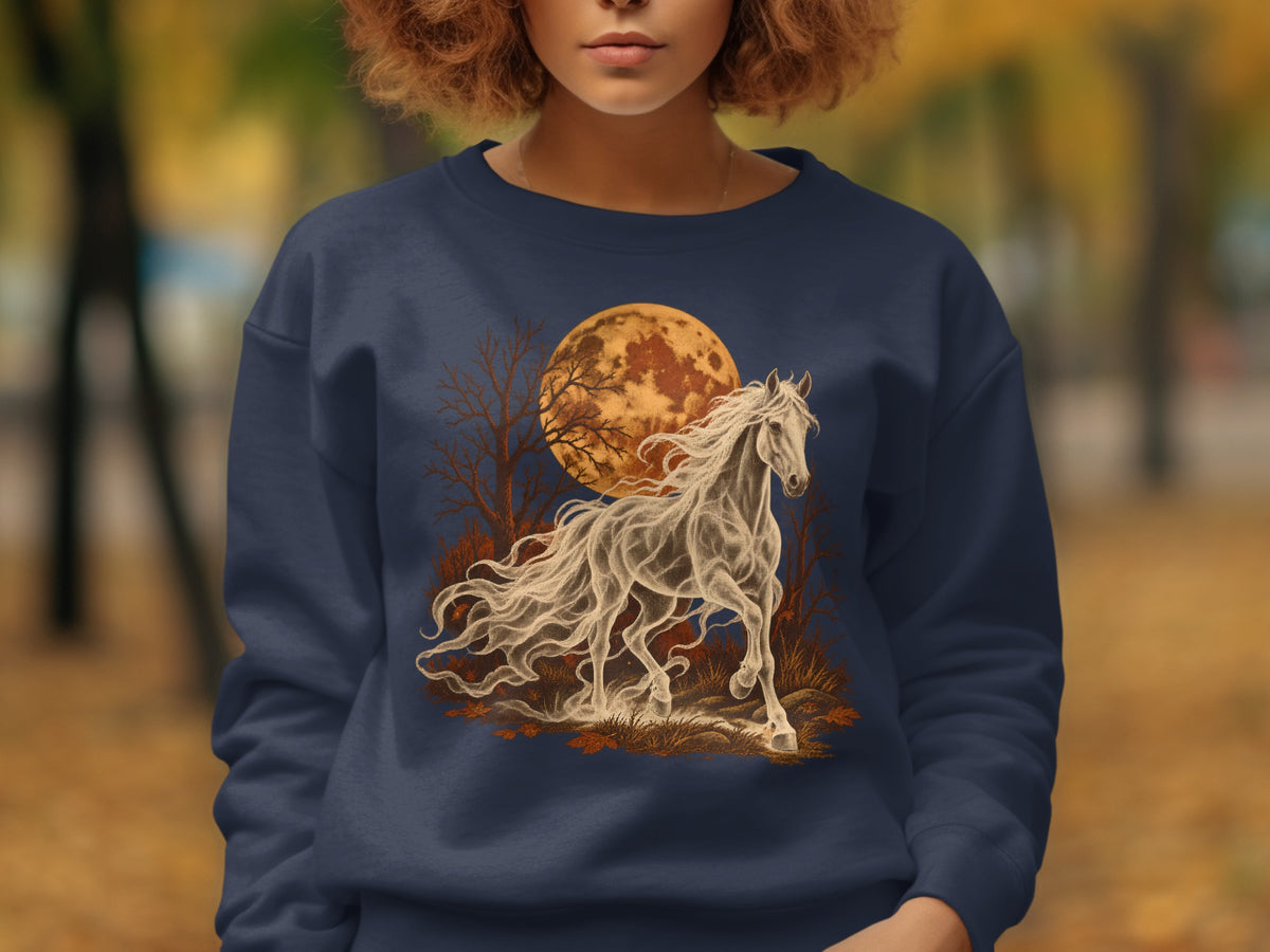 Dark blue sweatshirt with a graphic of a white spectral horse running before a full moon.