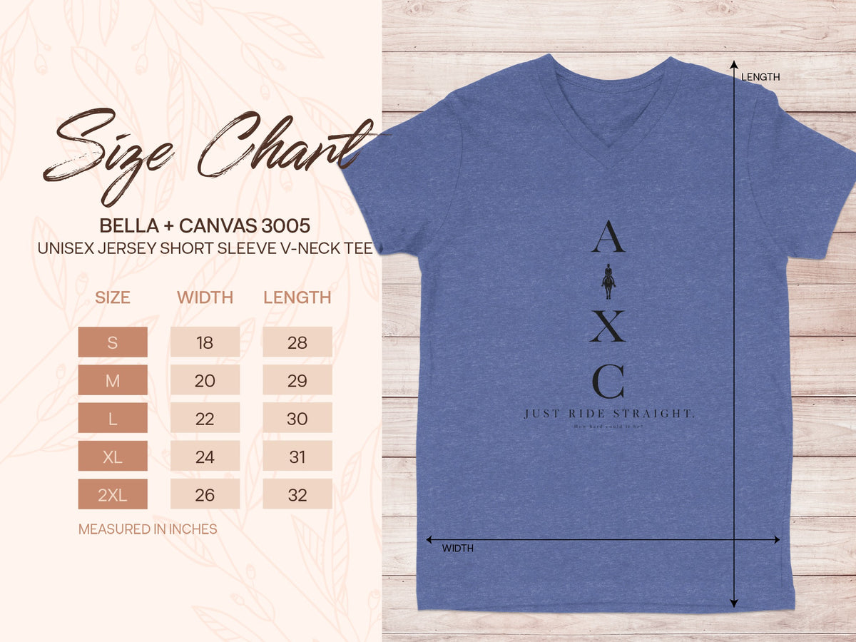 Unisex V-neck tee size chart with measurements for Bella + Canvas 3005.