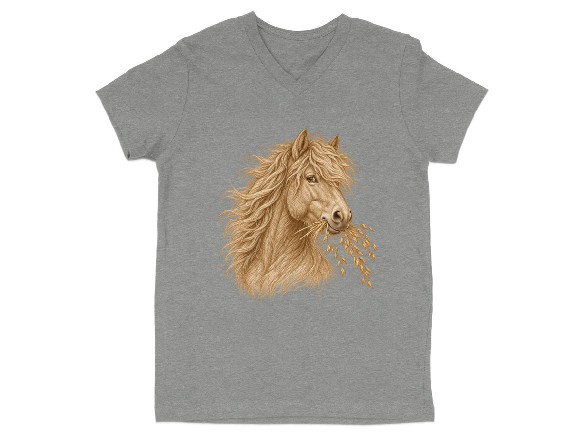 Grey t-shirt with a drawing of a horse with a flowing mane eating wheat.