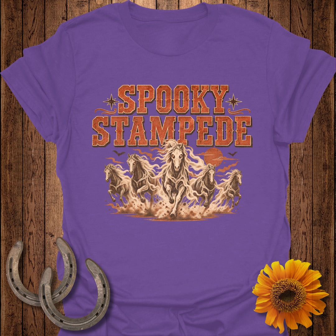 Purple t-shirt with "Spooky Stampede" text and a herd of galloping horses.