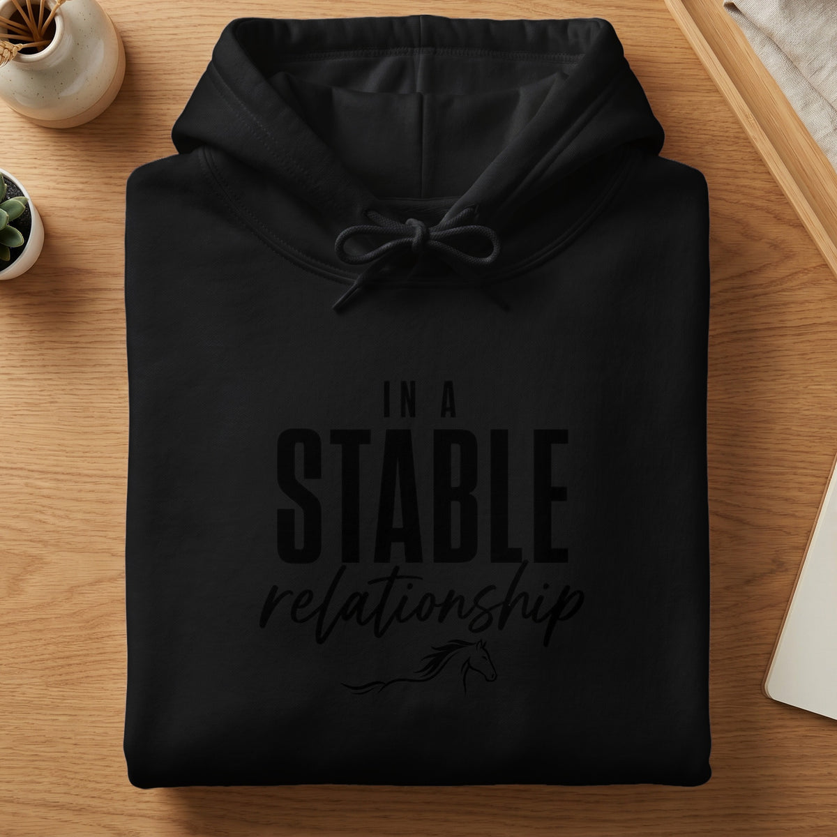 Black hoodie with text "IN A STABLE relationship" and a horse graphic.
