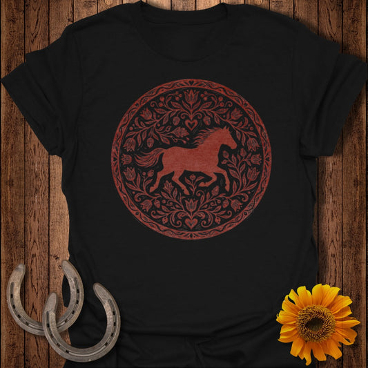Black t-shirt with a circular red horse and floral design.