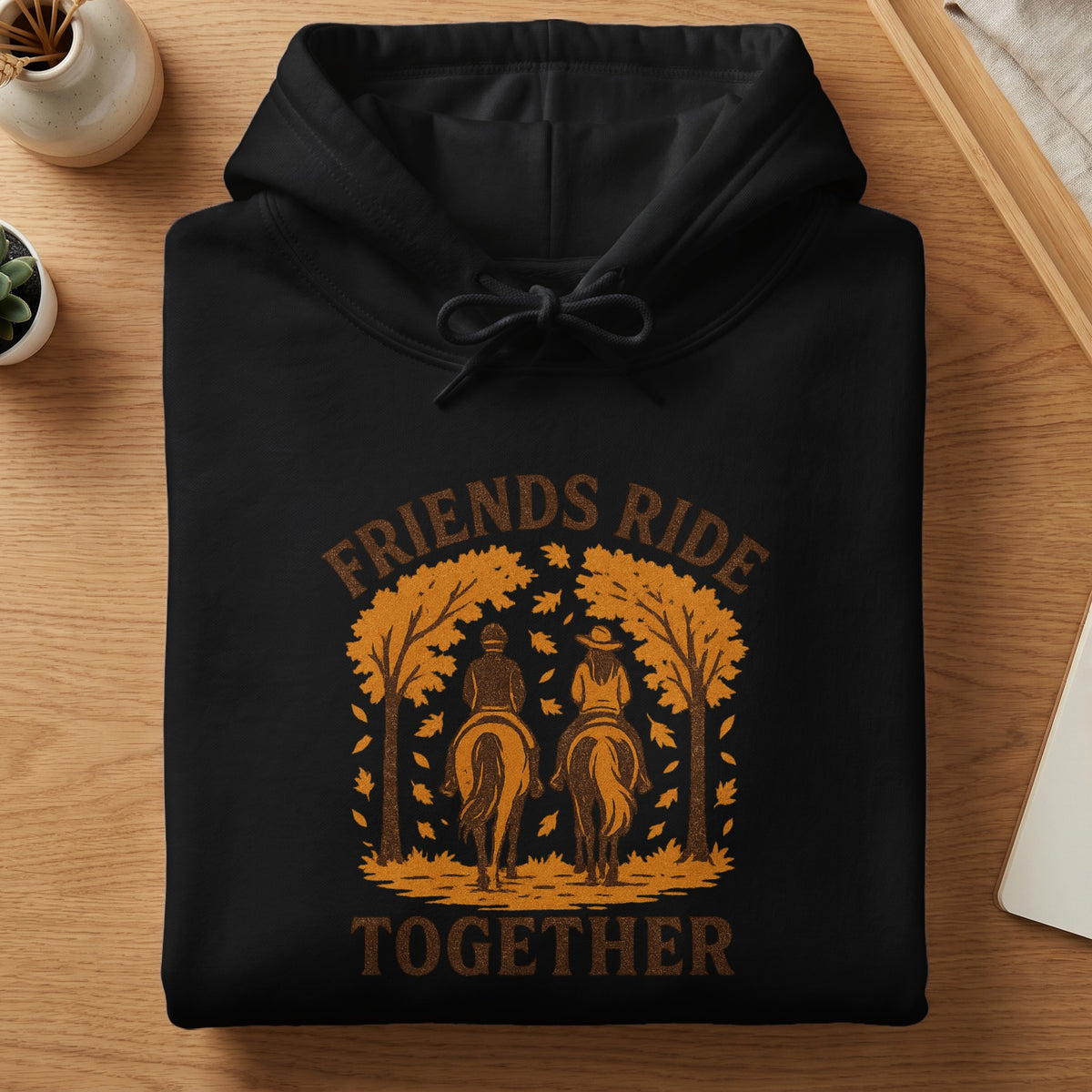 Black hoodie with "Friends Ride Together" text and horseback riders under trees.