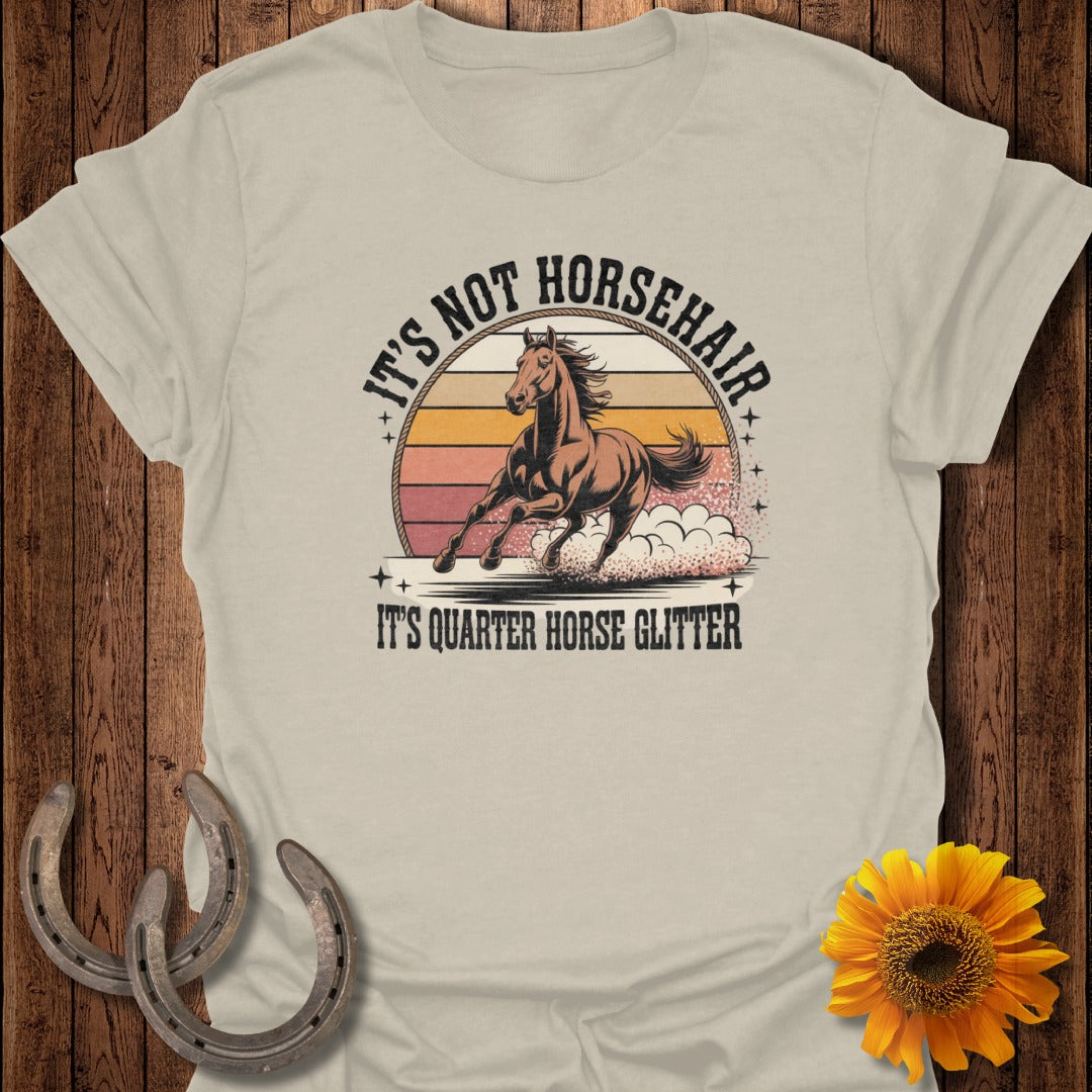 Quarter Horse glitter text with running horse and sunset graphic.