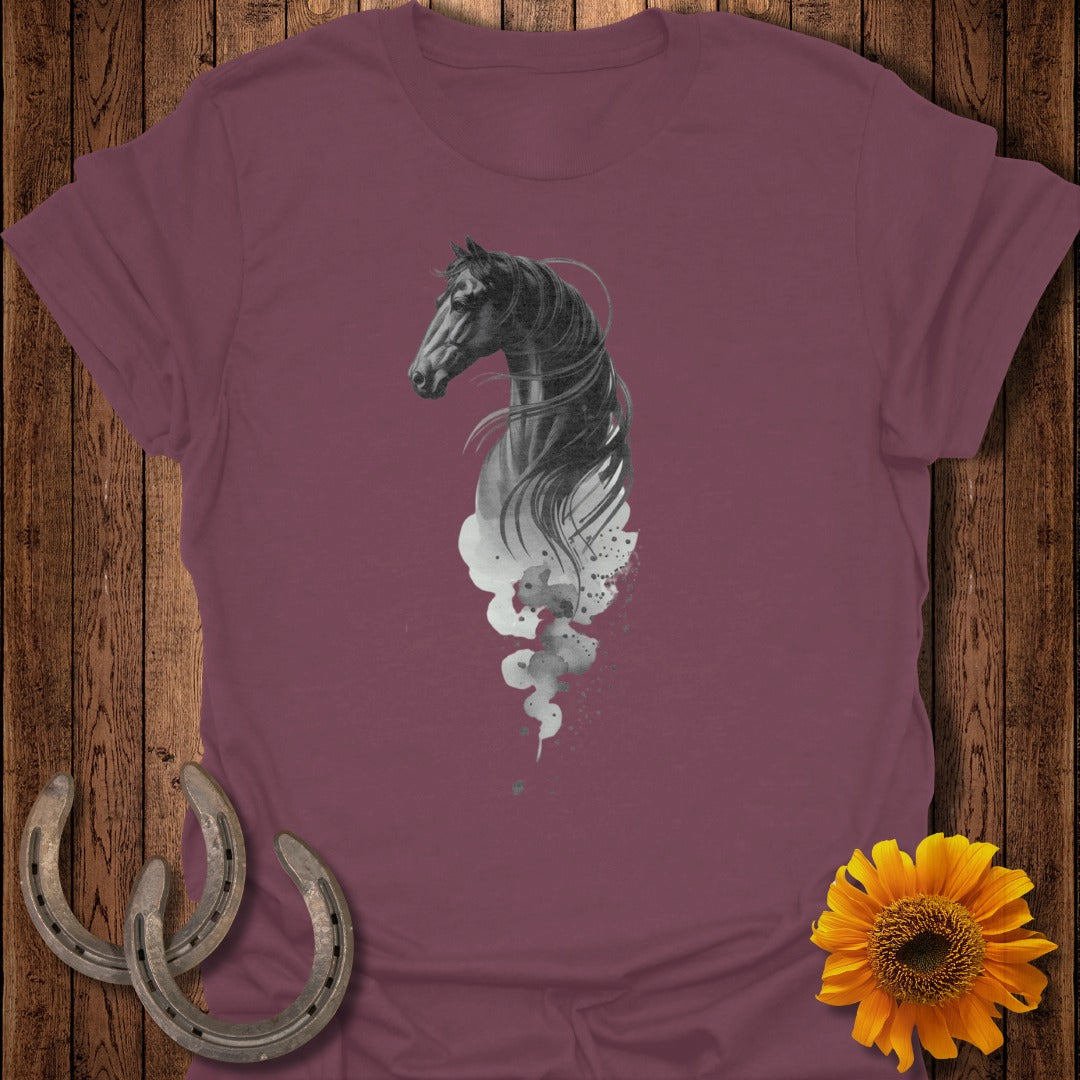 T-shirt with a black horse silhouette emerging from smoky tendrils.