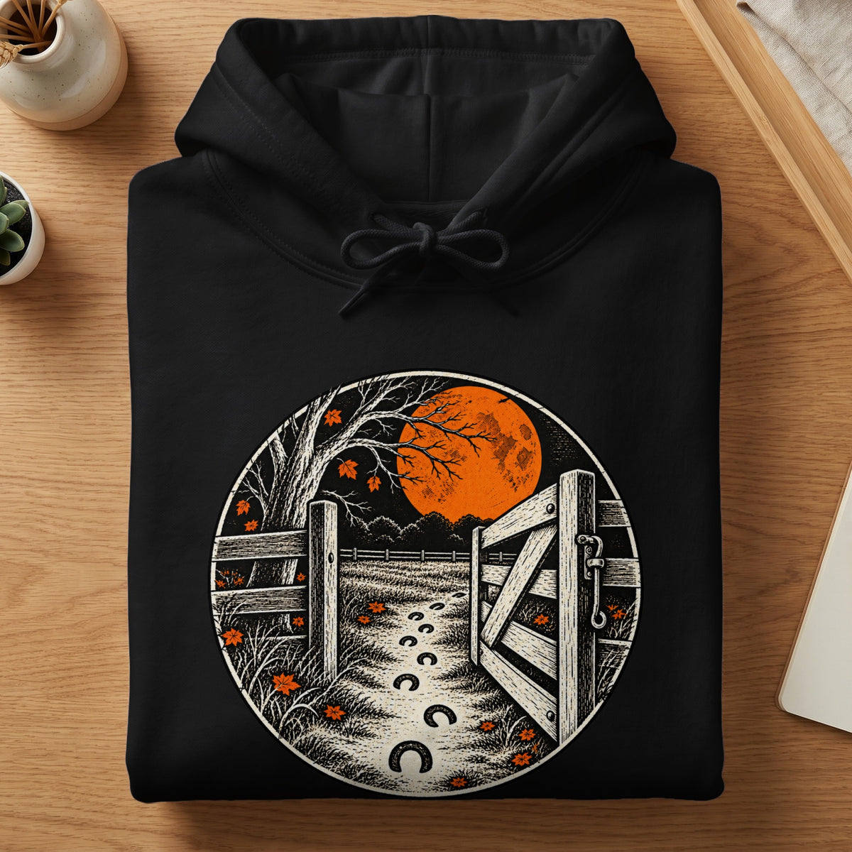 Black hoodie with a circular graphic of a moonlit farm scene with a gate and horseshoe prints.