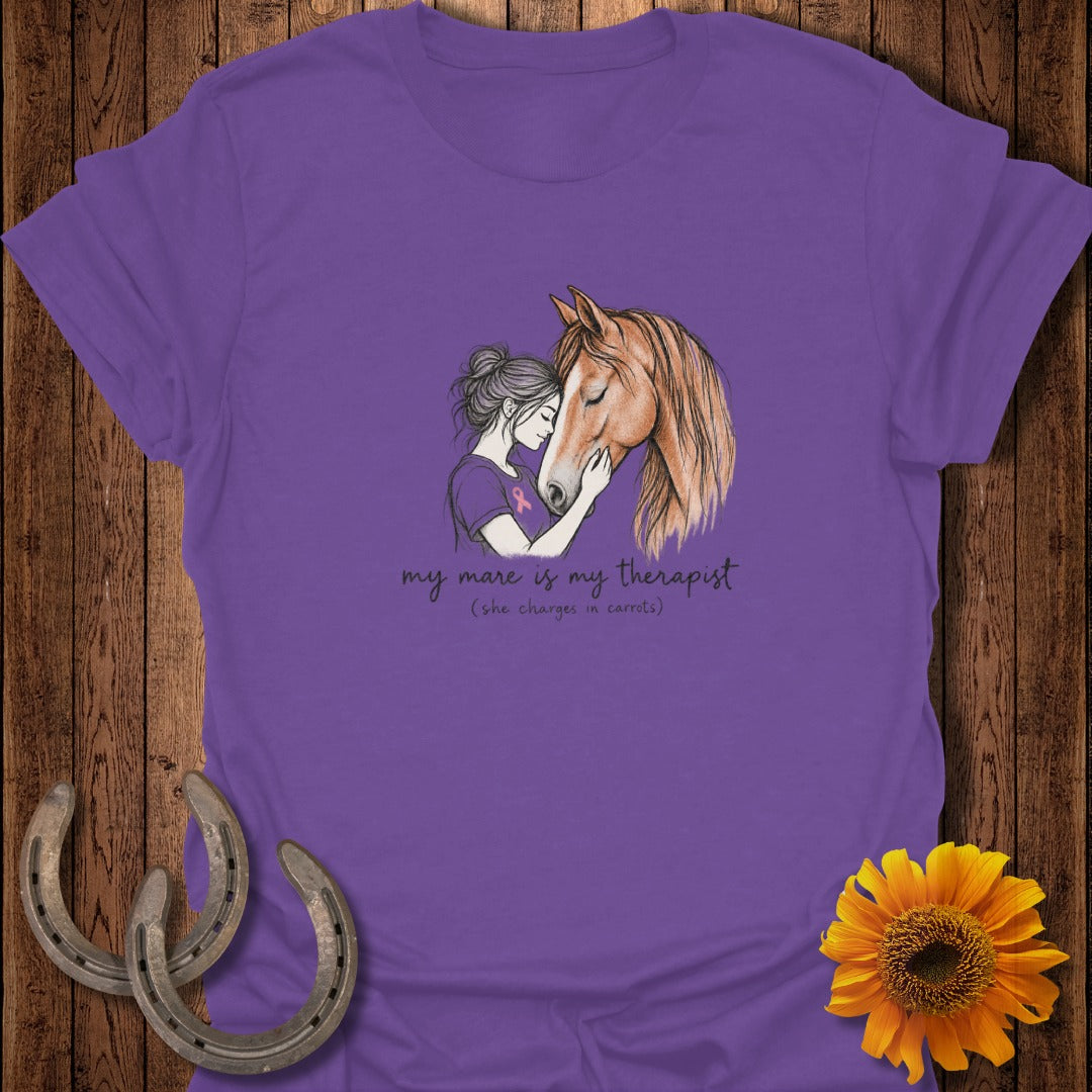 Purple t-shirt with a drawing of a woman hugging a horse and text saying "my mare is my therapist".
